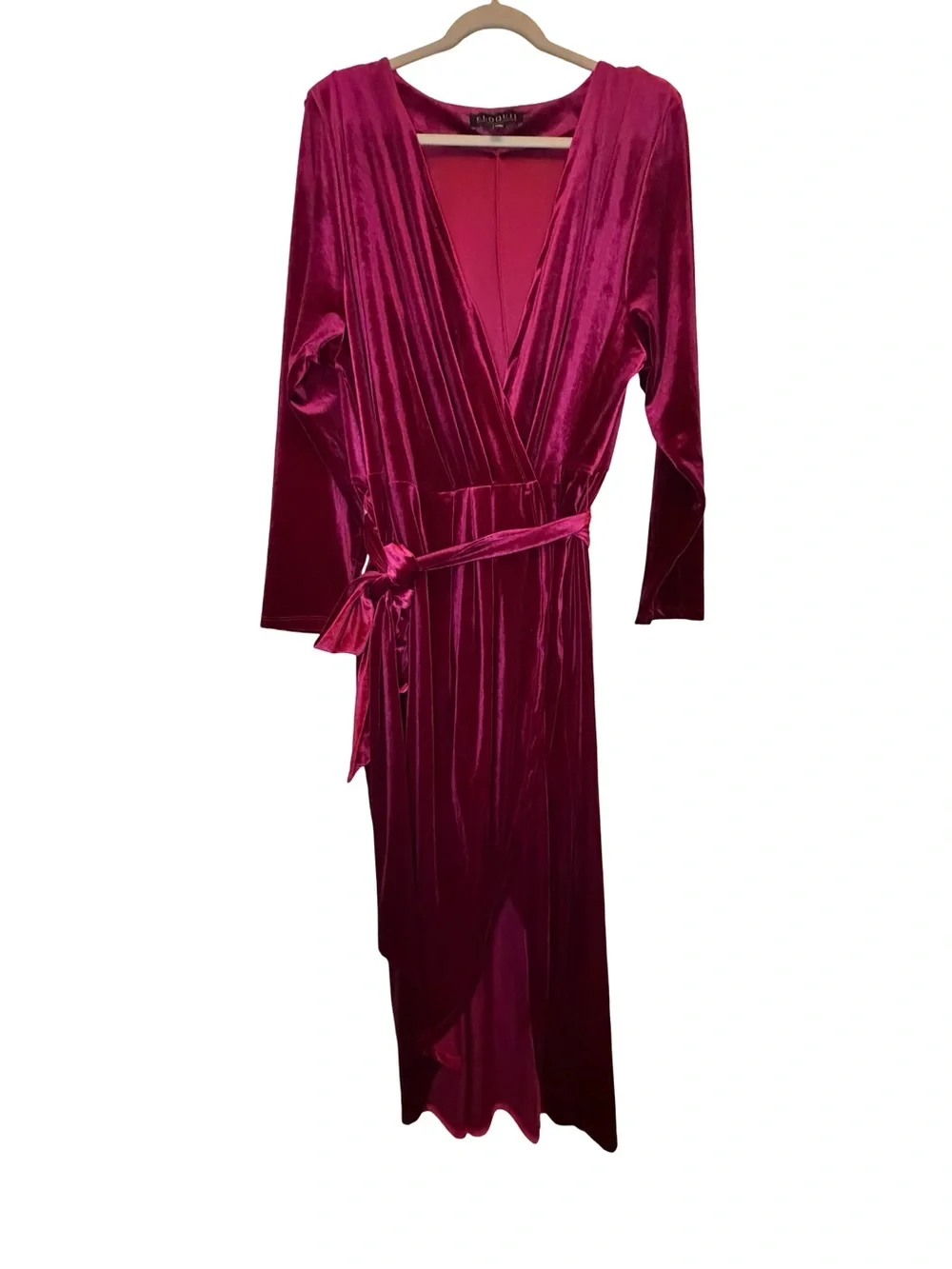 Eloquii Velvet Wrap Midi Dress Berry Magenta Deep V Hi-Low Plus Size 26 - Picture 2 of 6